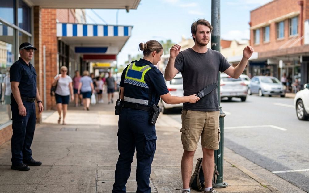 Police officer using a hand-held scanner on a member of the public in a town centre, illustrating new wanding powers, designated business and community precincts Queensland