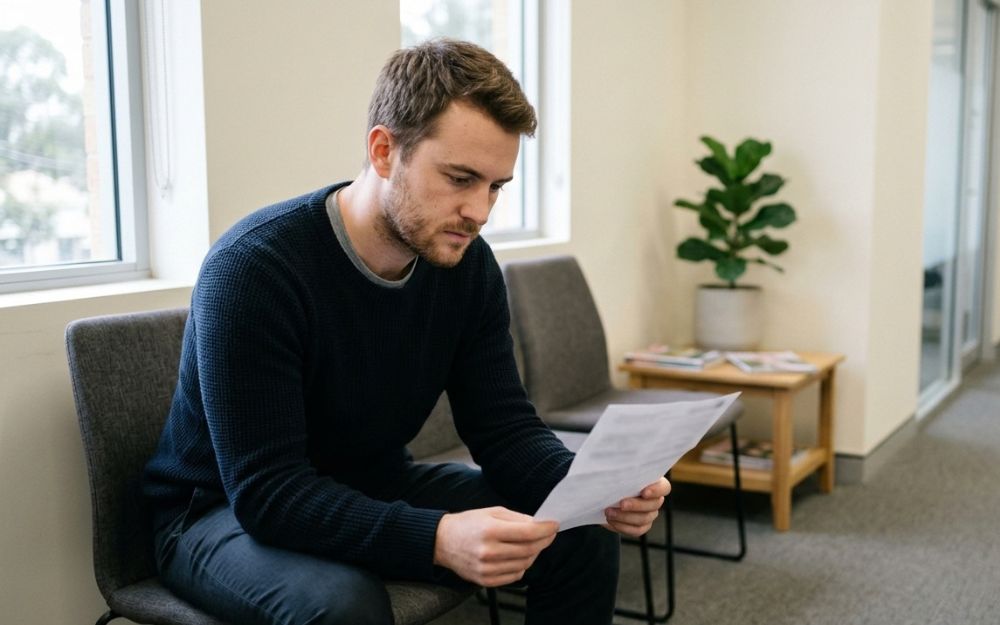 Young man reviewing a notice while waiting to speak with a criminal defence lawyer, illustrating changing drug diversion Queensland laws
